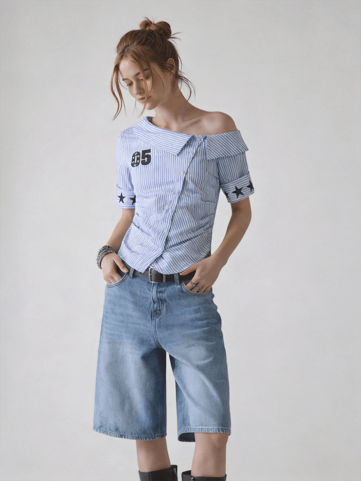 Stripe Star Off-The-Shoulder Short Sleeve Shirt