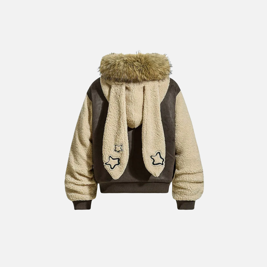 Winter Cozy Faux Fur Collar Rabbit Ear Hooded Jacket