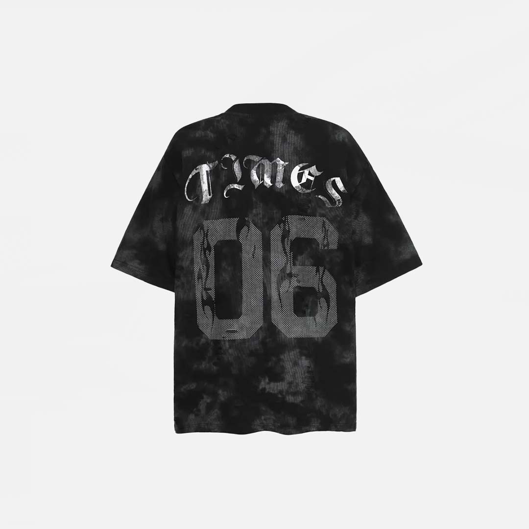 Back view of the black Vintage Graphic Printed Grunge T-Shirt in a gray background