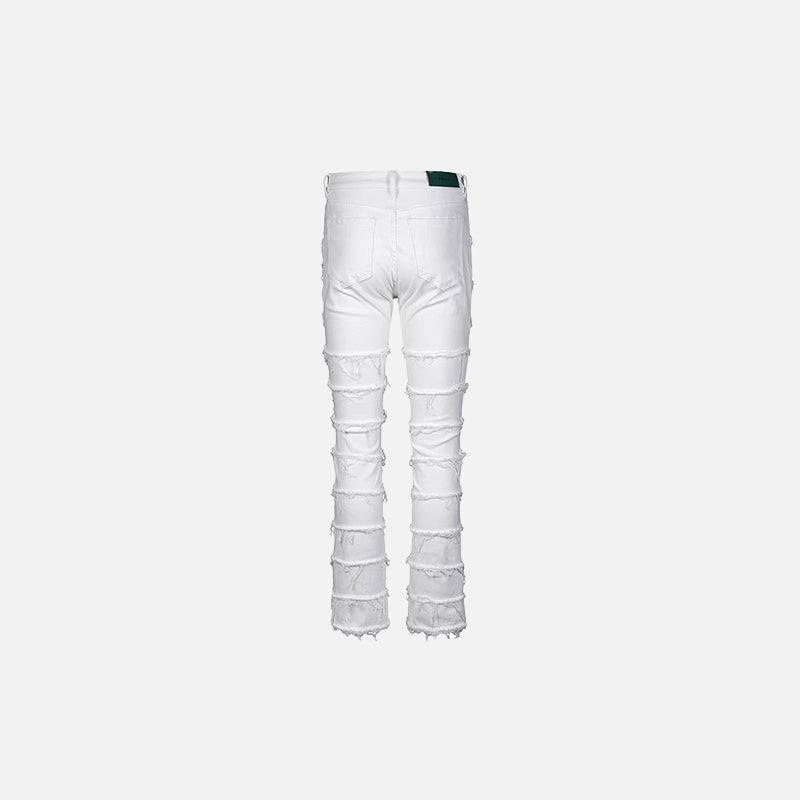 Back view of the white Distressed Patchwork Skinny Jeans in a gray background