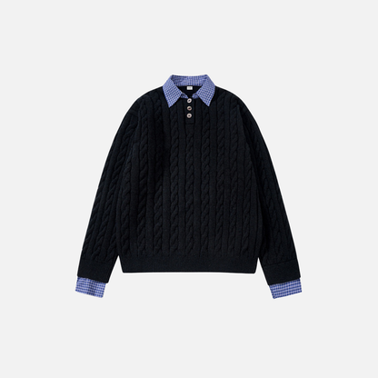 Stylish Fake Two Piece Preppy Check Collar Sweater