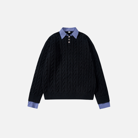 Stylish Fake Two Piece Preppy Check Collar Sweater
