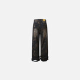 Back View of the black Waxed Distressed Denim Jeans in a gray background