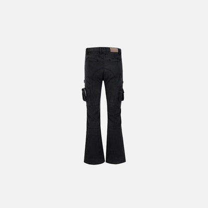 Back view of the black Tactical Flared Jeans in a gray background