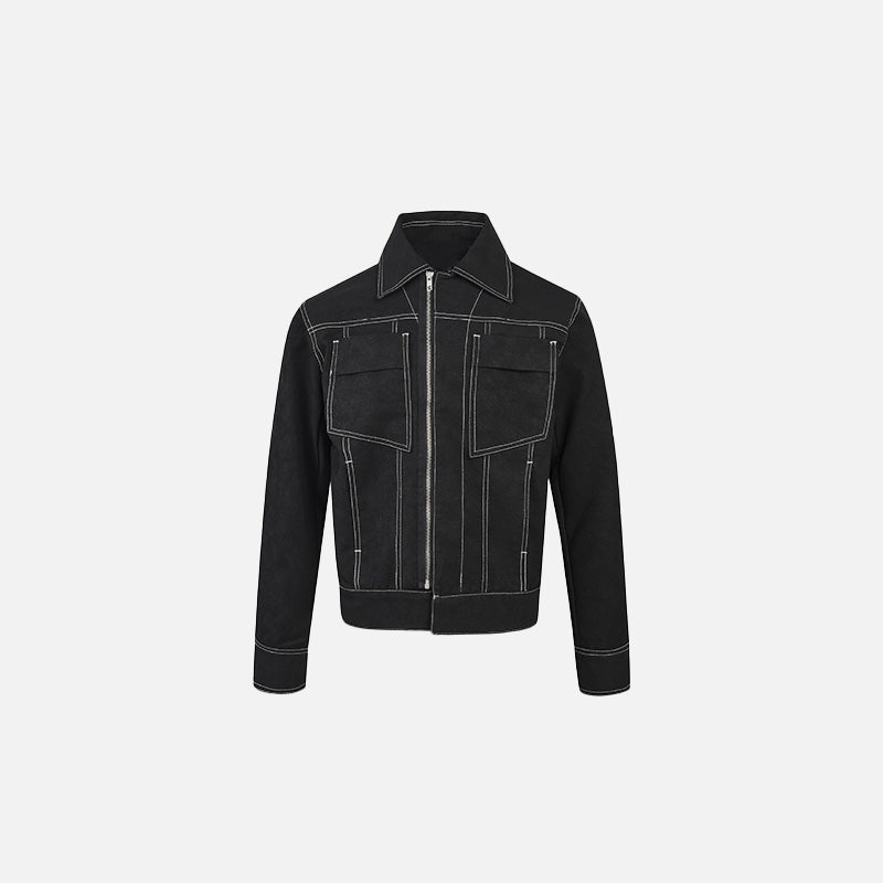 Front view of the black Minimalist Zip-Up Jacket in a gray background