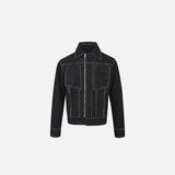 Front view of the black Minimalist Zip-Up Jacket in a gray background
