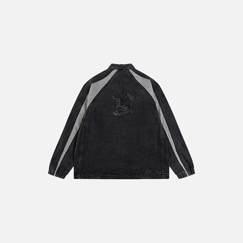 Back View of the black Shadow Stripes Denim Jacket in a gray background