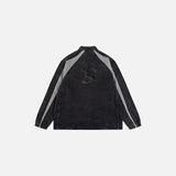 Back View of the black Shadow Stripes Denim Jacket in a gray background