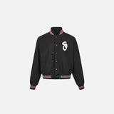 Front view of the black Classic Varsity Letterman Jacket in a gray background