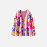 Luxury Floral Jacquard V-Neck Knit Cardigan