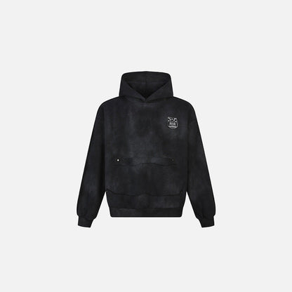 Front view of the black Shield Emblem Hoodie in a gray background