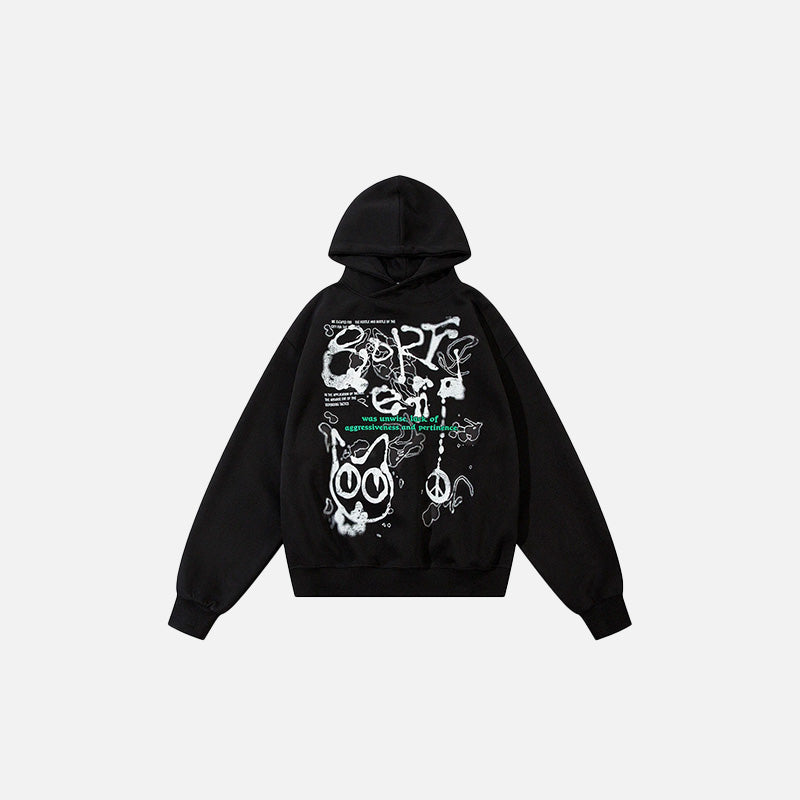 Front view of the black Peace And Chaos Hoodie in a gray background