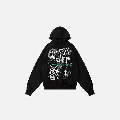 Front view of the black Peace And Chaos Hoodie in a gray background