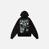 Front view of the black Peace And Chaos Hoodie in a gray background