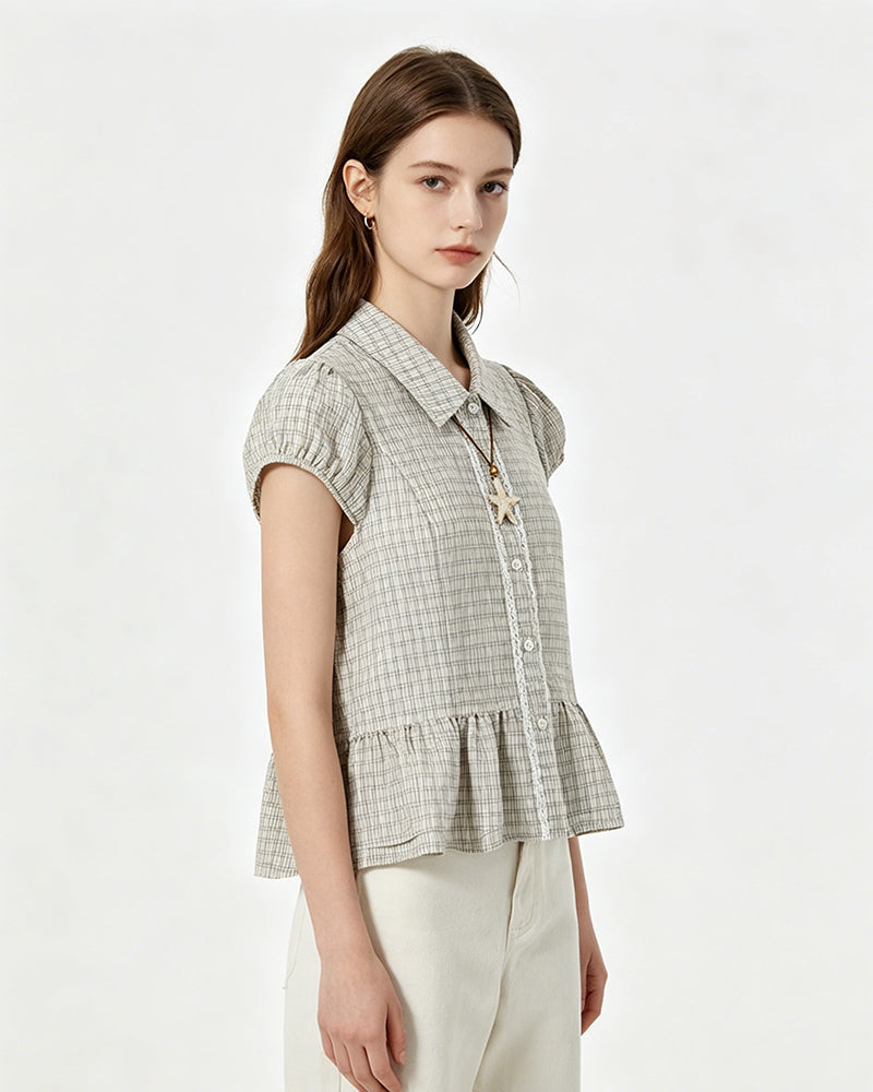 Plaid Peplum Short Sleeve Shirt