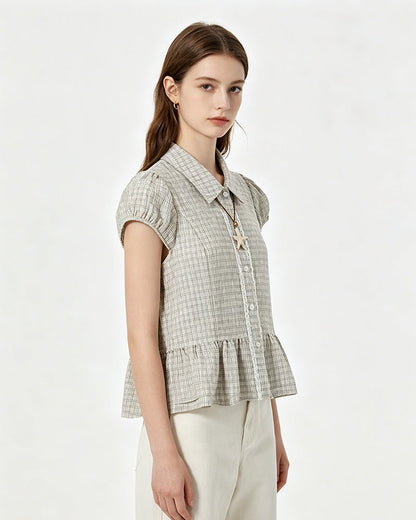 Plaid Peplum Short Sleeve Shirt