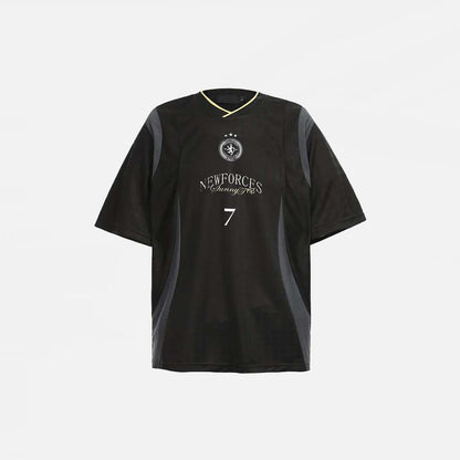 Front view of the black Vintage Patchwork Sports Graphic T-Shirt in a gray background