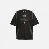 Front view of the black Vintage Patchwork Sports Graphic T-Shirt in a gray background