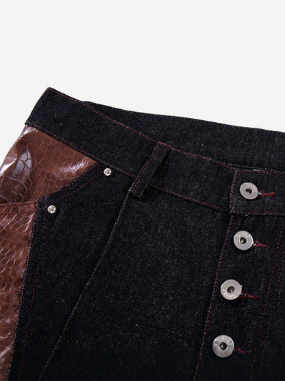 Leather Patchwork Studded Loose-Fit Jeans; Black / M, Black / L, Black / XL, Black / 2XL