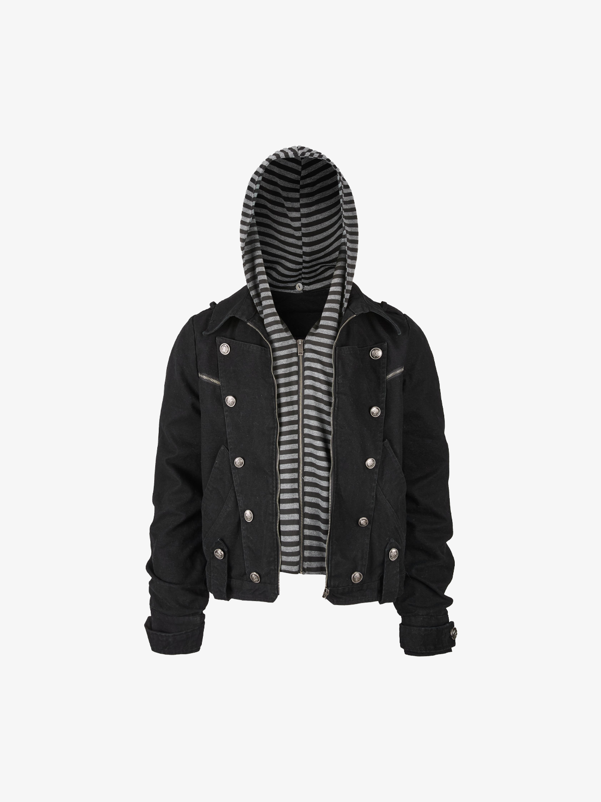 Detachable Striped-Hood Crop Jacket; Black / M, Black / L, Black / XL, Black / 2XL