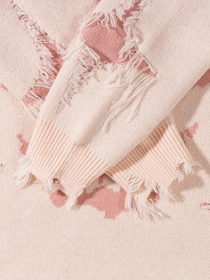 Distressed Skull Jacquard Sweater; Pink / S, Pink / M, Pink / L, Pink / XL, Pink / 2XL