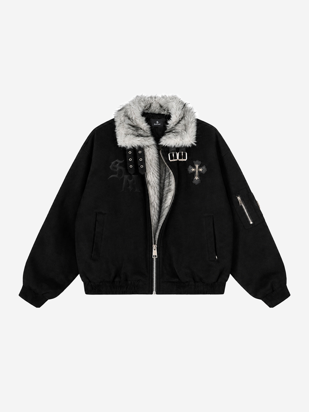 Embroidered Faux-Fur Collar Oversized Distressed Bomber Jacket; Black / S, Black / M, Black / L, Black / XL, Black / 2XL