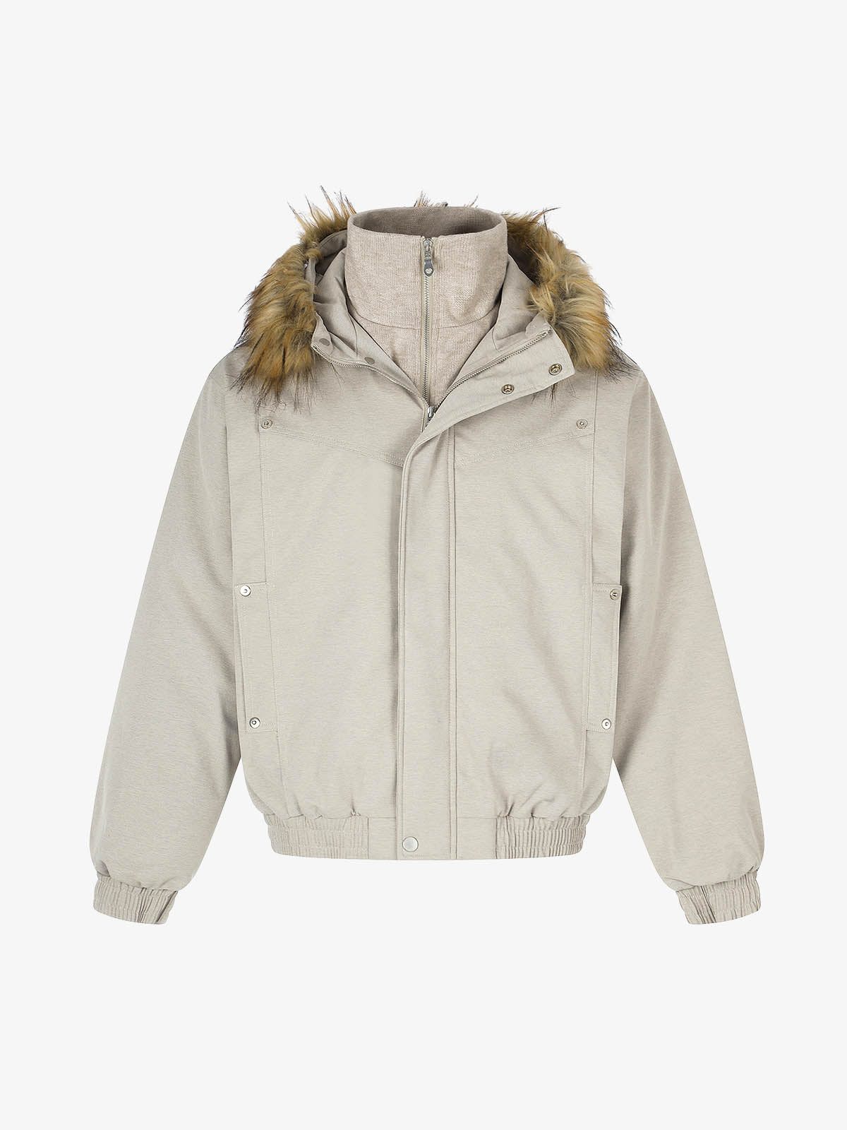 Deconstructed Layered Hooded Faux-Fur Collar Puffer Jacket; Beige / S, Beige / M, Beige / L, Beige / XL
