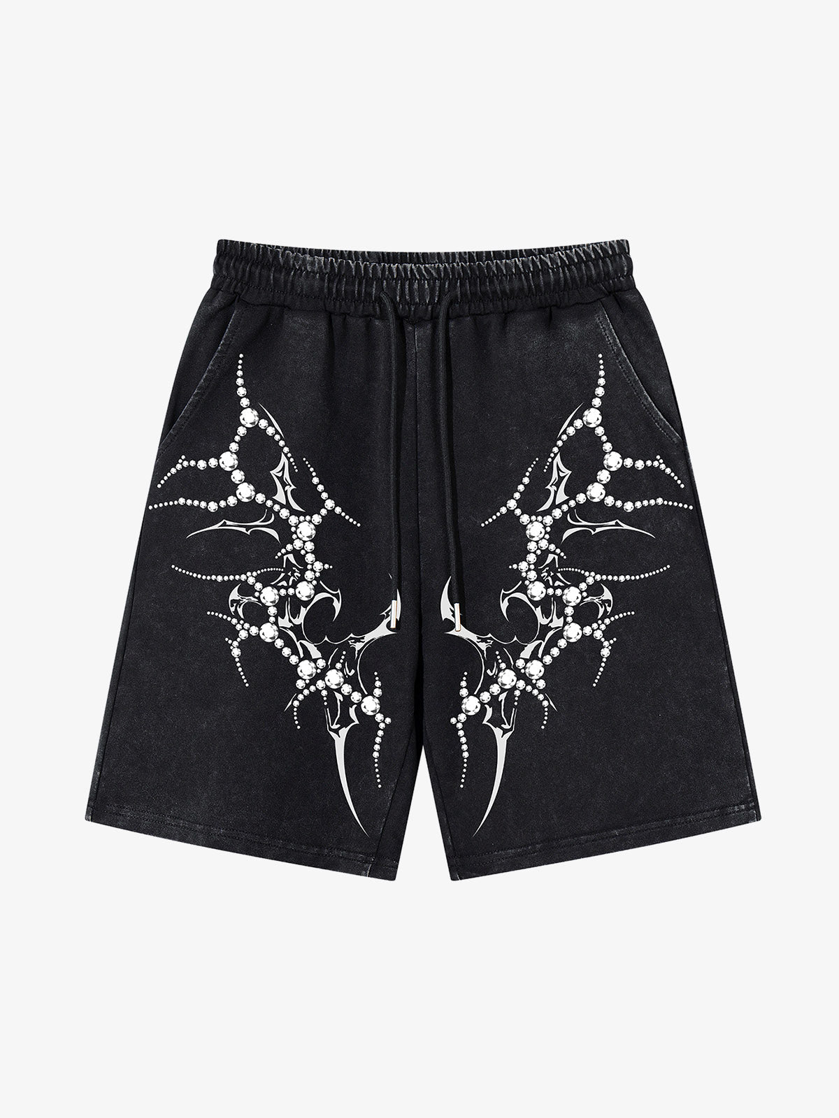 Distressed Thorn Rhinestone Shorts; Black / S, Black / M, Black / L, Black / XL, Black / 2XL