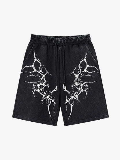 Distressed Thorn Rhinestone Shorts; Black / S, Black / M, Black / L, Black / XL, Black / 2XL