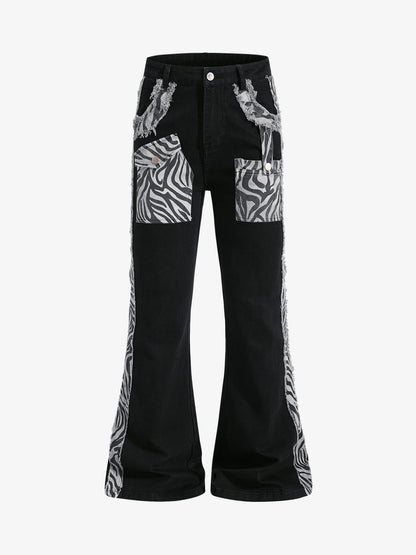 Zebra Patchwork Distressed Flared Jeans