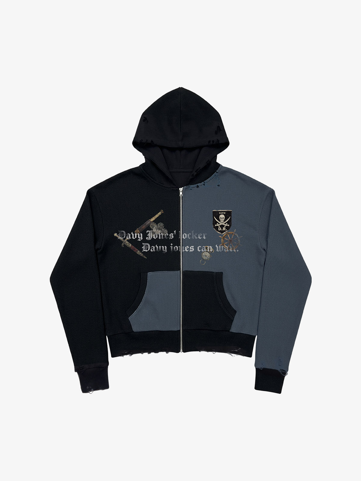 Skull Graphic Paneled Waffle Zip Hoodie