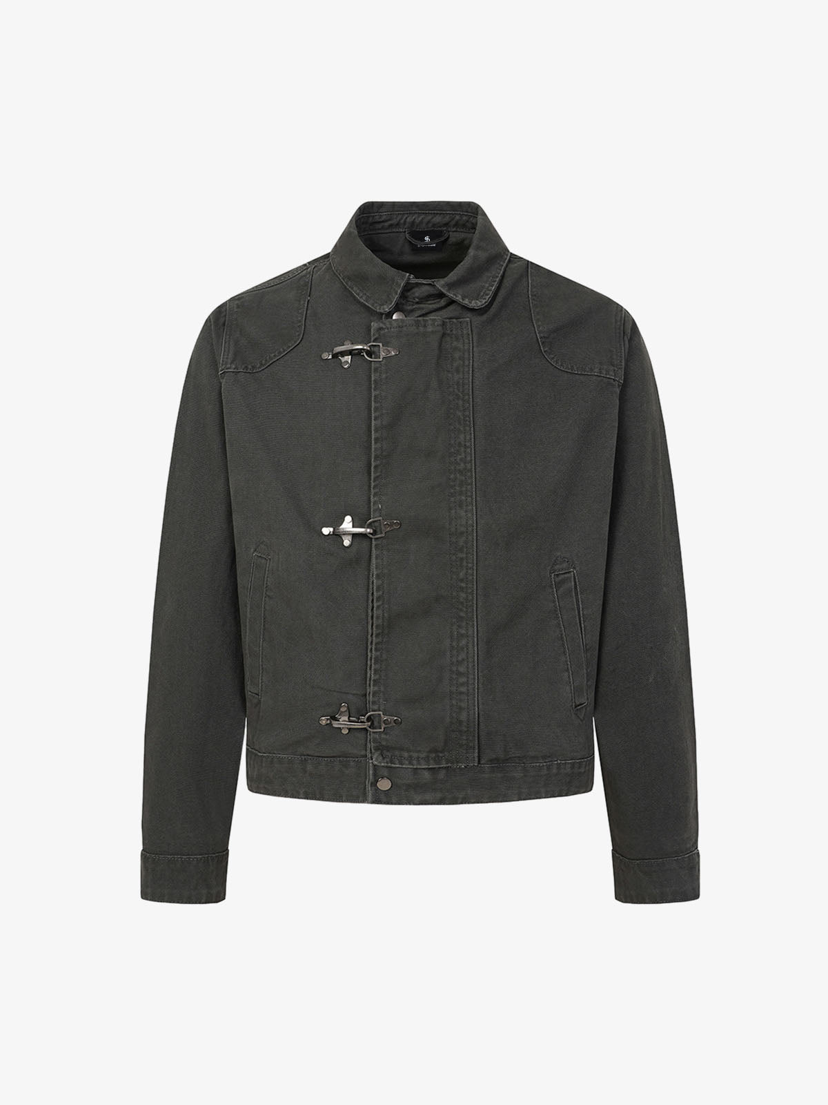Distressed Metal Airplane-Buckle Work Jacket; Gray / M, Gray / L, Gray / XL, Gray / 2XL, Gray / 3XL