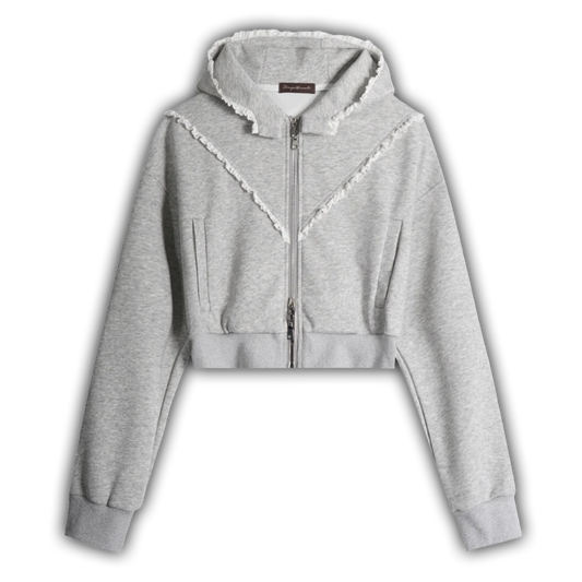 Fuzzy Trim Crop Zip-Up