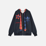 Men Embroidered Plaid Patchwork Hooded Sweatshirt