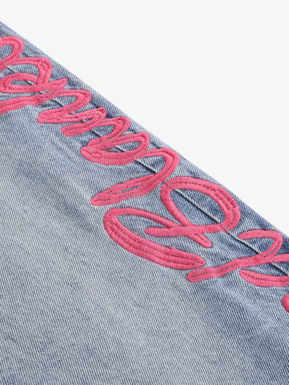 Pink Letter Embroidered Curved-Seam Jeans; Blue / S, Blue / M, Blue / L, Blue / XL