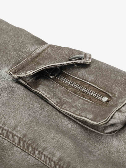Washed High-Collar Multi-Zip Bomber Coat