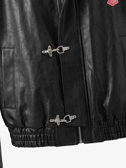Cross Embroidered Color Block Cropped Biker Jacket; Black / S, Black / M, Black / L, Black / XL, Black / 2XL, Black / 3XL