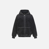 Washed Plush Embroidered Zip-Up Hooded Sweatshirt