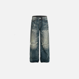 Vintage Distressed Washed Denim Wide Leg Jeans