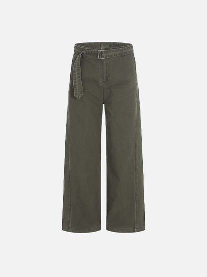 American Style Solid Color With Belt Wide Leg Pants