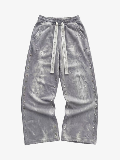 Distressed Rhinestone Sweatpants; Gray / S, Gray / M, Gray / L, Gray / XL, Gray / 2XL