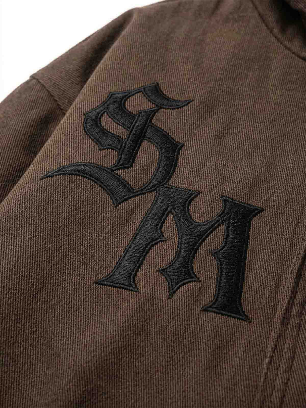 Embroidered Faux-Fur Collar Oversized Distressed Bomber Jacket; Brown / S, Brown / M, Brown / L, Brown / XL, Brown / 2XL