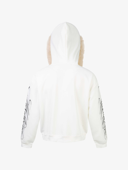 Fur-Trim Sleeve Graphic Zip Hoodie; White / M, White / L, White / XL, White / 2XL