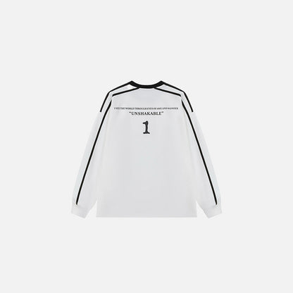 Back view of the white Iconic Insignia Sweater in a gray background