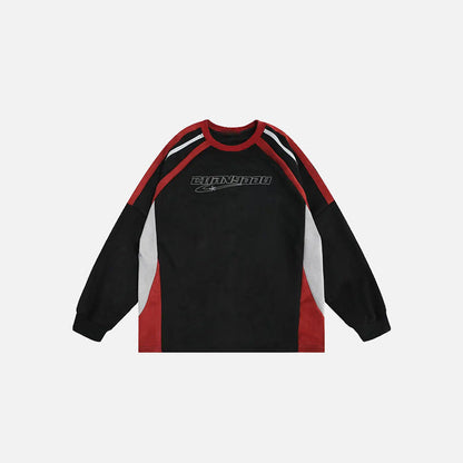 Front view of the black Retro Embroidery Patchwork Sweatshirt in a gray background