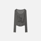 Front view of the dark gray Abstract Print Long-Sleeve Women's T-shirt in a gray background