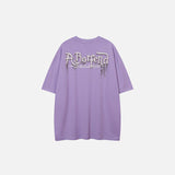 Back view of the purple Retro Manga Graphic T-shirt in a gray background