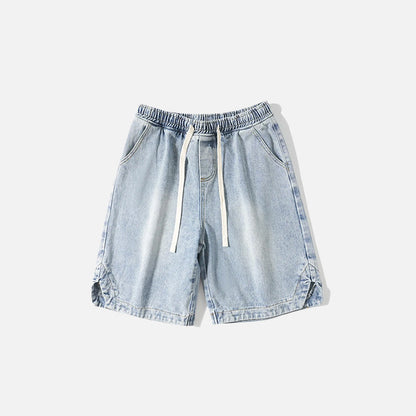 Front view of the sky blue Casual Solid Sports Denim Shorts in a gray background