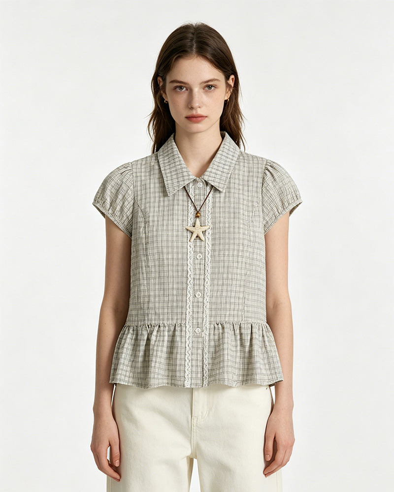 Plaid Peplum Short Sleeve Shirt
