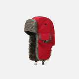 Front view of the red Faux Fur Lined Trapper Hat in a gray background